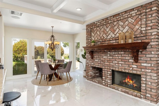 dining space featuring beam ceiling, coffered ceiling, a brick fireplace, a notable chandelier, and ornamental molding