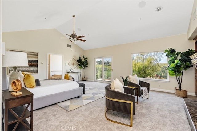 bedroom with access to outside, ceiling fan, high vaulted ceiling, and light carpet