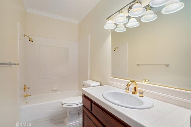 full bathroom with toilet, vanity, bathtub / shower combination, and ornamental molding