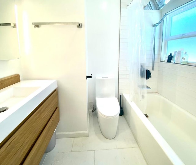 full bathroom featuring toilet, vanity, shower / bathtub combination with curtain, and tile patterned flooring