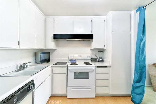 kitchen with white cabinetry, dishwasher, sink, white electric stove, and light hardwood / wood-style floors