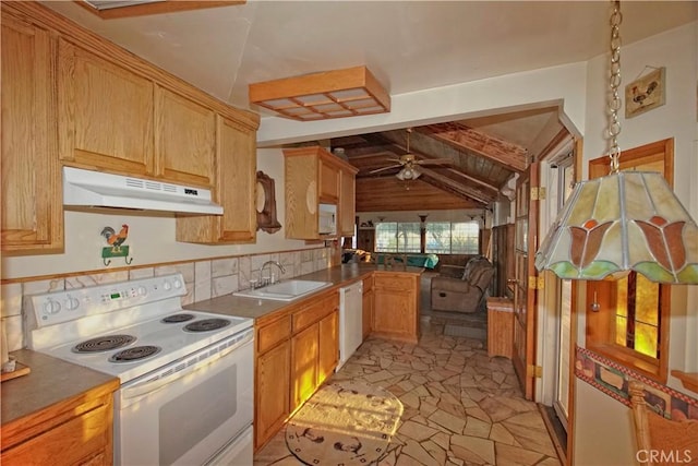 kitchen featuring sink, vaulted ceiling with beams, white appliances, ceiling fan, and light brown cabinetry