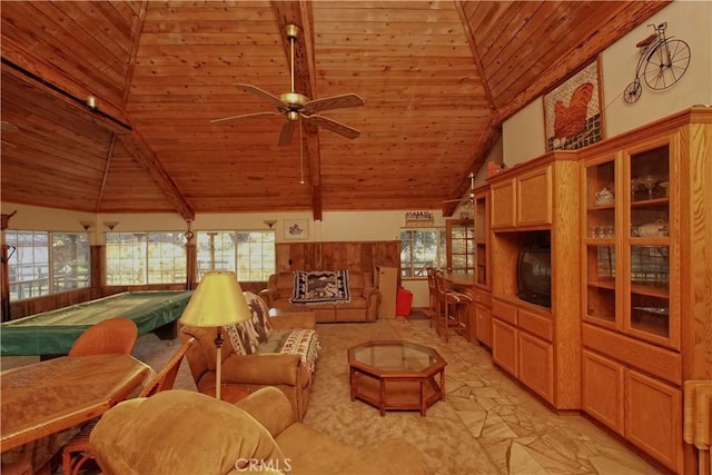 living room with high vaulted ceiling, beam ceiling, ceiling fan, and wood ceiling