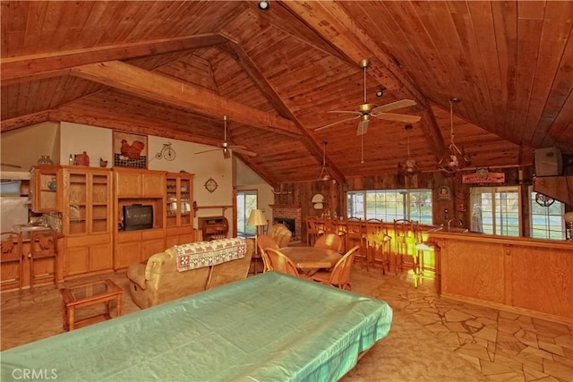 unfurnished dining area with wooden walls, lofted ceiling with beams, and wooden ceiling