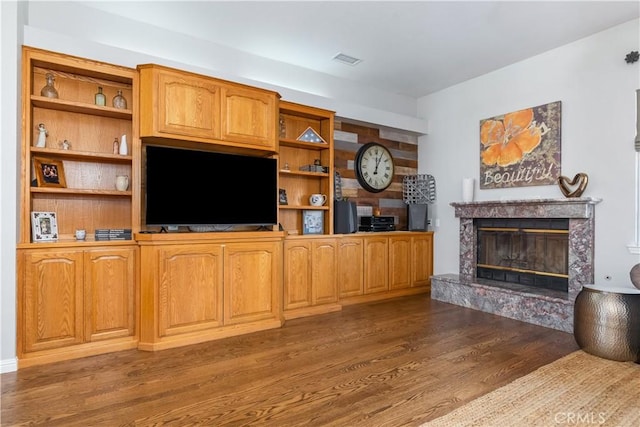 living room with dark wood-type flooring and a premium fireplace