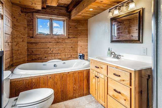 bathroom with vanity, a bathtub, wooden ceiling, wooden walls, and toilet