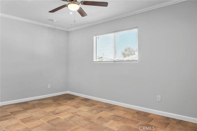 spare room with ceiling fan and ornamental molding