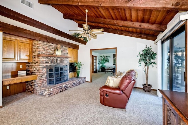 living room featuring vaulted ceiling with beams, light colored carpet, wooden ceiling, and a brick fireplace