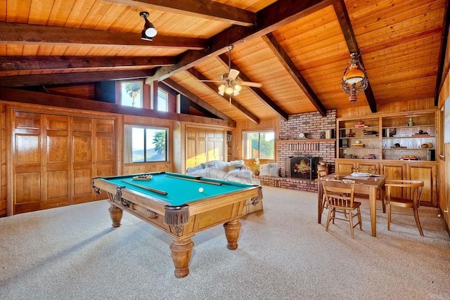 game room with pool table, light colored carpet, and wooden ceiling