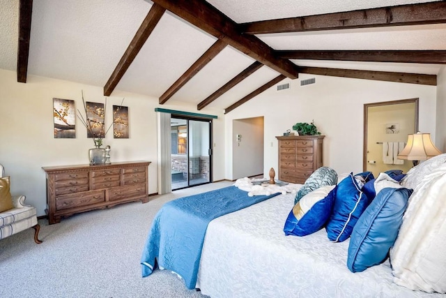 bedroom featuring lofted ceiling with beams and light colored carpet