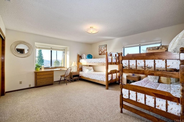 bedroom with a textured ceiling, multiple windows, and light colored carpet