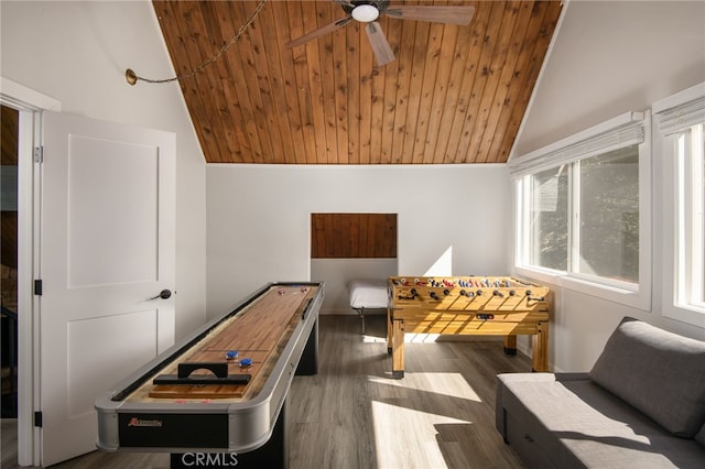 rec room with ceiling fan, dark hardwood / wood-style floors, high vaulted ceiling, and wooden ceiling