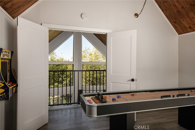 rec room with dark wood-type flooring, wood ceiling, and high vaulted ceiling