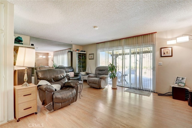 living room featuring a textured ceiling and light wood-type flooring