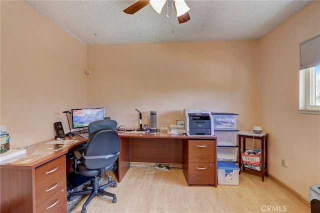 office featuring ceiling fan, a textured ceiling, and light wood-type flooring