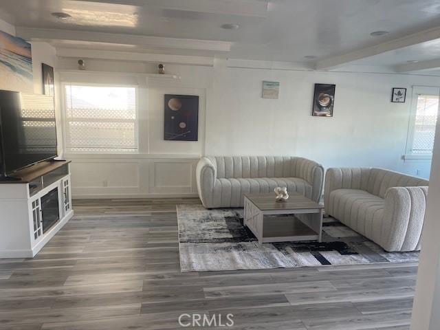 living room with dark hardwood / wood-style flooring