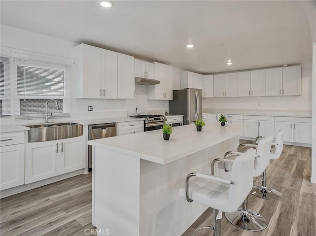 kitchen featuring a kitchen breakfast bar, appliances with stainless steel finishes, sink, and white cabinetry