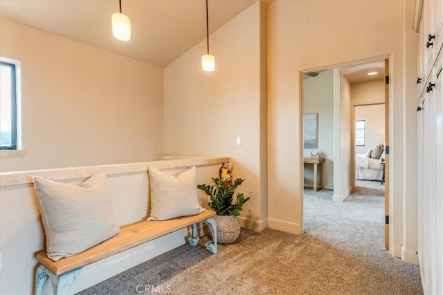 living area featuring carpet, plenty of natural light, and vaulted ceiling