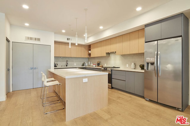 kitchen featuring light wood-type flooring, backsplash, a center island, hanging light fixtures, and stainless steel appliances