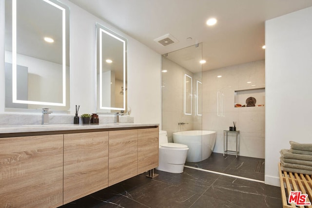 bathroom with vanity, toilet, and a bathing tub