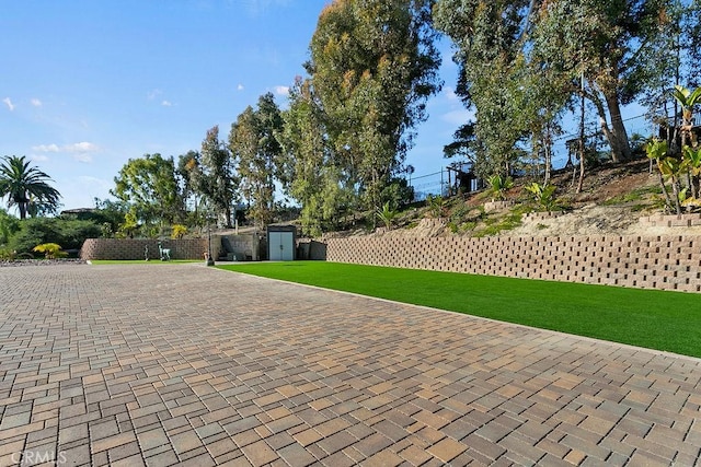 view of patio / terrace featuring a shed