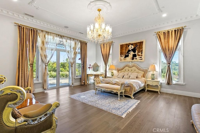 bedroom featuring a notable chandelier, visible vents, baseboards, access to exterior, and dark wood finished floors