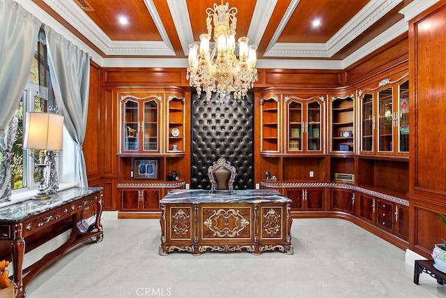 home office with ornamental molding, light colored carpet, a notable chandelier, and beam ceiling