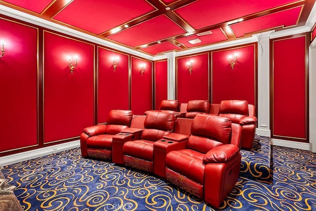 home theater room featuring ornamental molding, coffered ceiling, beam ceiling, and carpet flooring