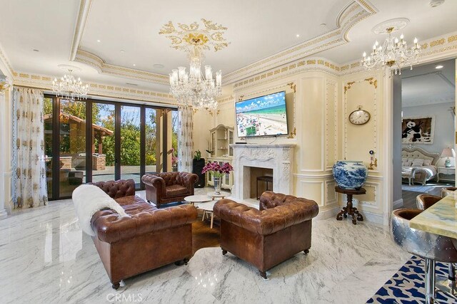 living room featuring crown molding, a premium fireplace, and french doors