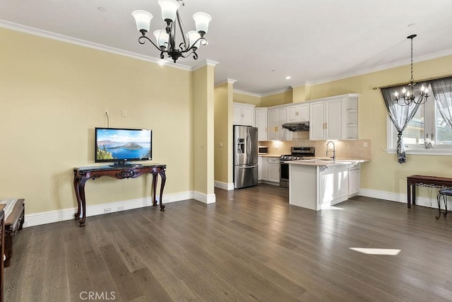 kitchen featuring a chandelier, under cabinet range hood, stainless steel appliances, a peninsula, and open shelves