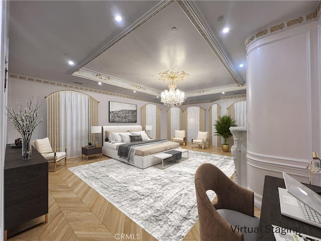 bedroom with crown molding, a raised ceiling, a chandelier, and light parquet floors