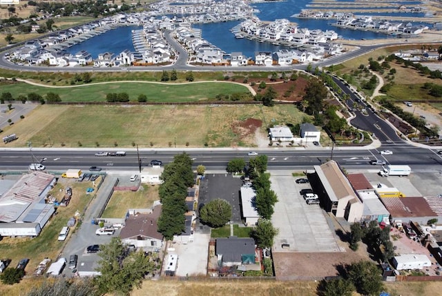 drone / aerial view with a water view