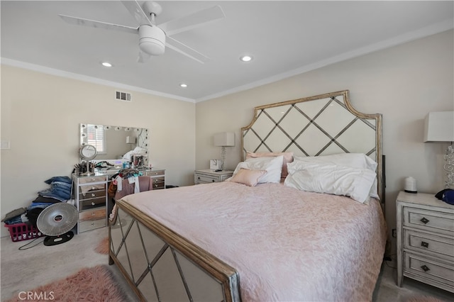 bedroom featuring ornamental molding, carpet flooring, and ceiling fan