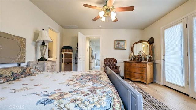 bedroom with ceiling fan, access to exterior, and light hardwood / wood-style flooring