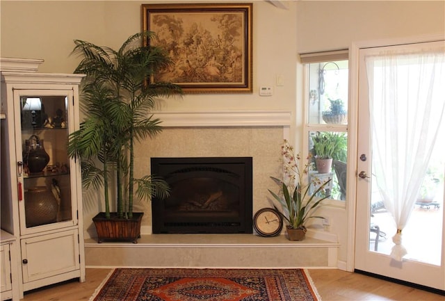 interior space with a high end fireplace and light hardwood / wood-style floors