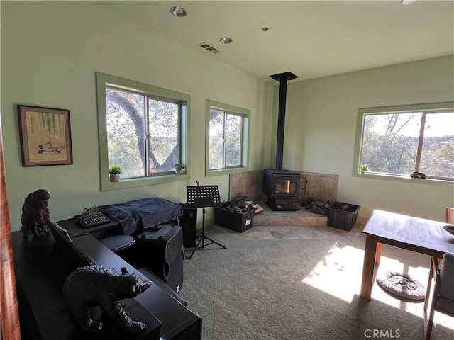 living room with a wood stove and carpet flooring