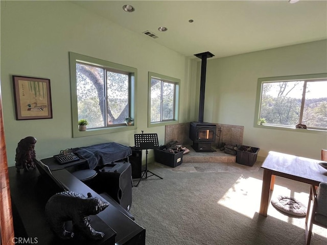 living room with a wood stove and carpet flooring