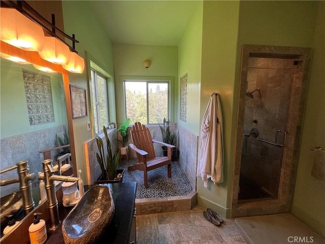 bathroom featuring vanity and an enclosed shower