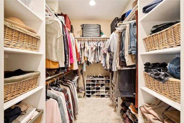 walk in closet featuring carpet floors