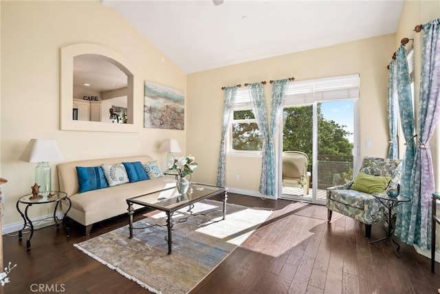14600 El Monte Rd, Atascadero, CA 93422 - living room featuring lofted ceiling, wood finished floors, and baseboards