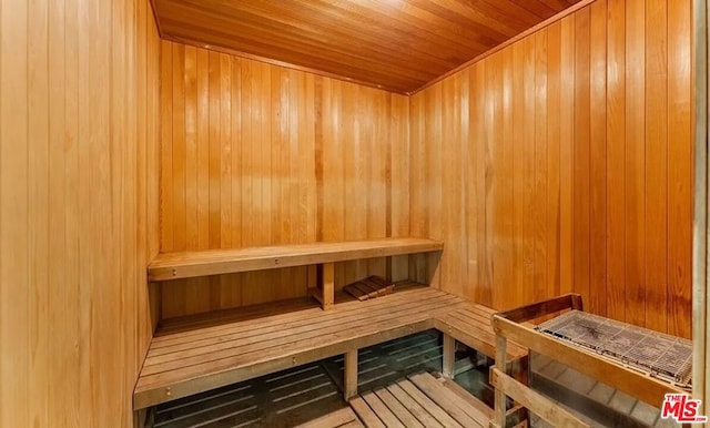 view of sauna with wood ceiling