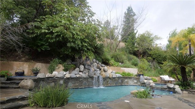 view of swimming pool with pool water feature