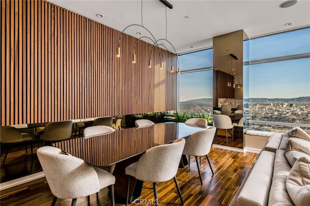 dining space featuring expansive windows, a mountain view, and dark wood-type flooring