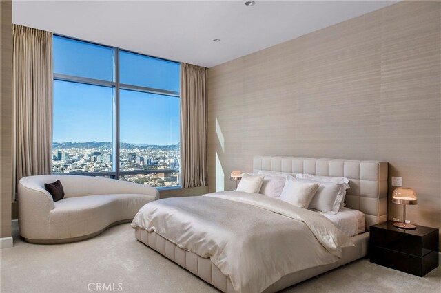 carpeted bedroom featuring a mountain view