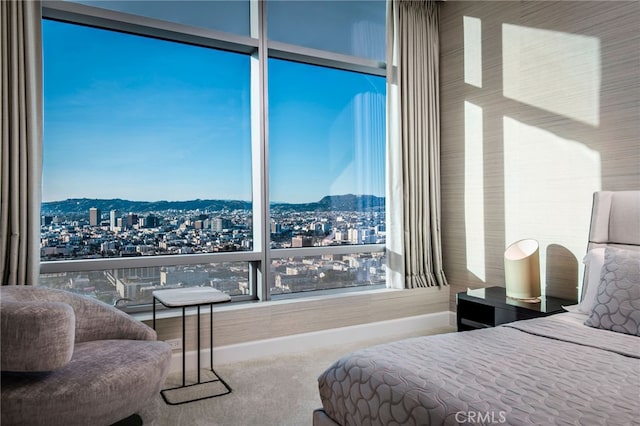 bedroom with a mountain view and carpet floors