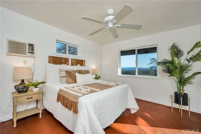 carpeted bedroom featuring a wall unit AC and ceiling fan