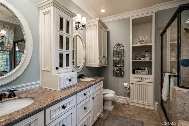 bathroom with vanity, an enclosed shower, tile patterned floors, crown molding, and toilet