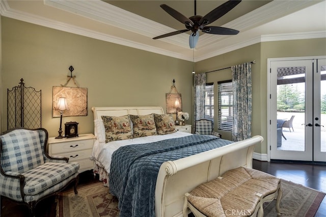 bedroom featuring access to outside, dark hardwood / wood-style floors, ornamental molding, and ceiling fan