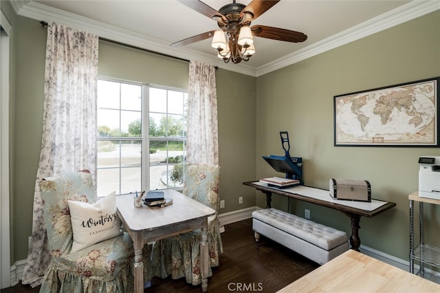 miscellaneous room featuring dark wood-type flooring, ornamental molding, and ceiling fan