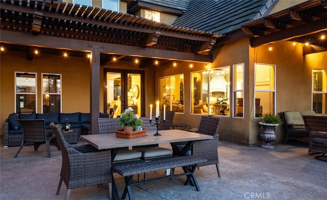 view of patio / terrace with outdoor lounge area and a pergola